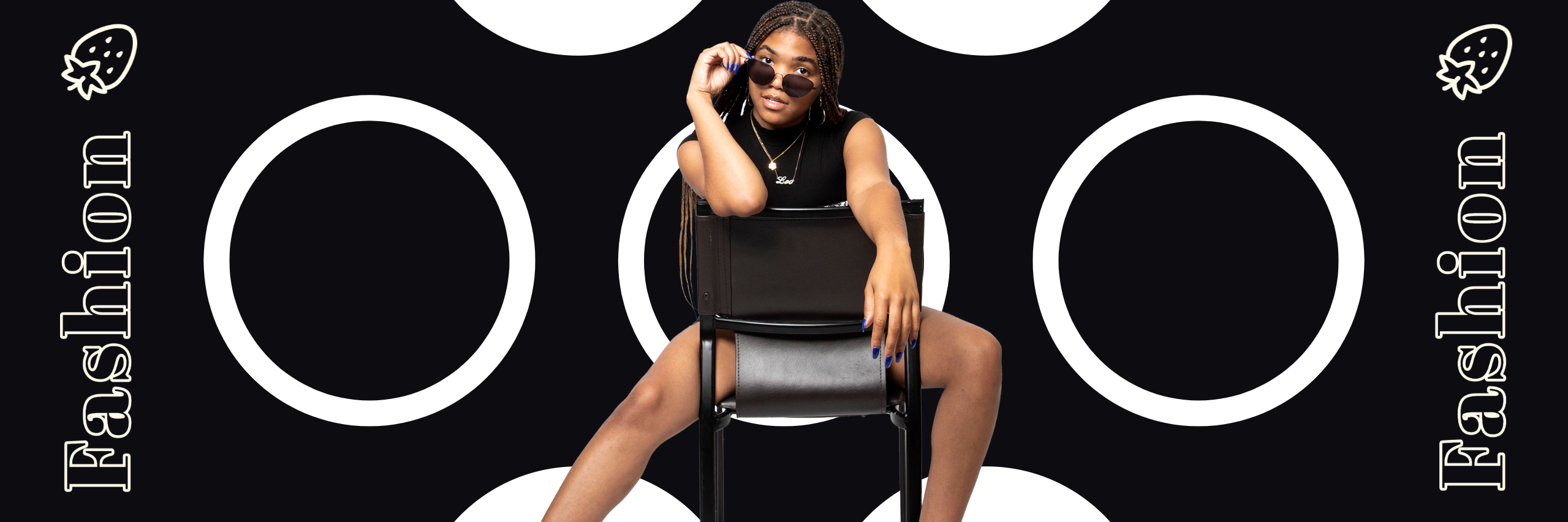 Fashion Header Fashion Cover Graphic with white text, black background, and model in the center